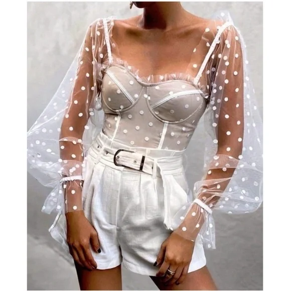 Hello Molly Sunset Polka Dot Mesh Sweetheart Corset Crop Top Preppy Beige 4 - Picture 12 of 12